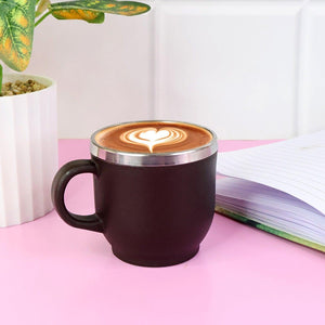 Double wall stainless steel mug set with a sleek black design and silver rim, perfect for hot beverages