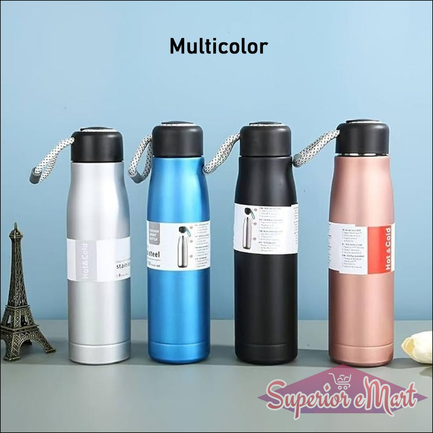 Multicolor double wall vacuum insulated water bottle perfect for keeping drinks hot or cold