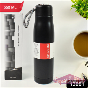 Superior eMart double wall vacuum insulated water bottle in black with a screw top and carrying handle