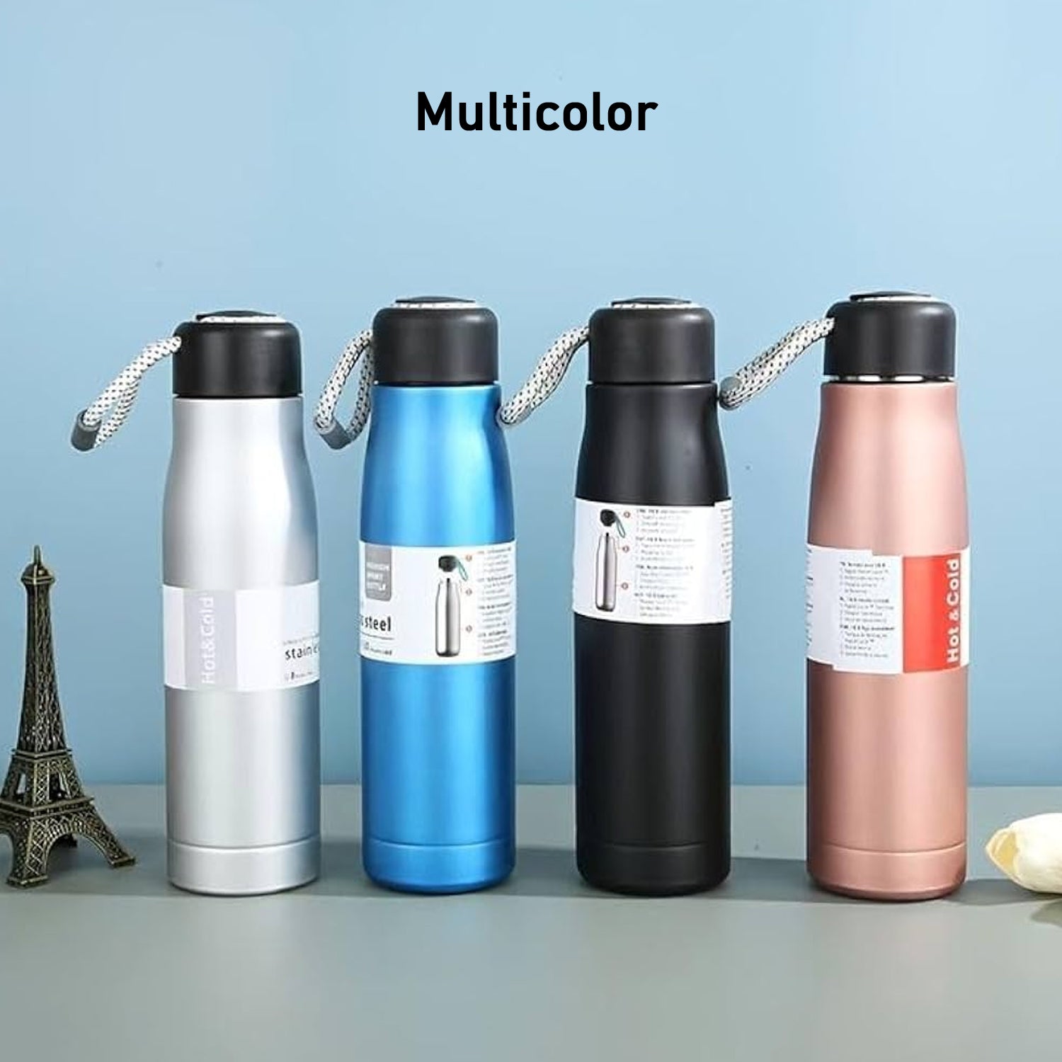 Multicolor double wall vacuum insulated water bottle perfect for keeping drinks hot or cold