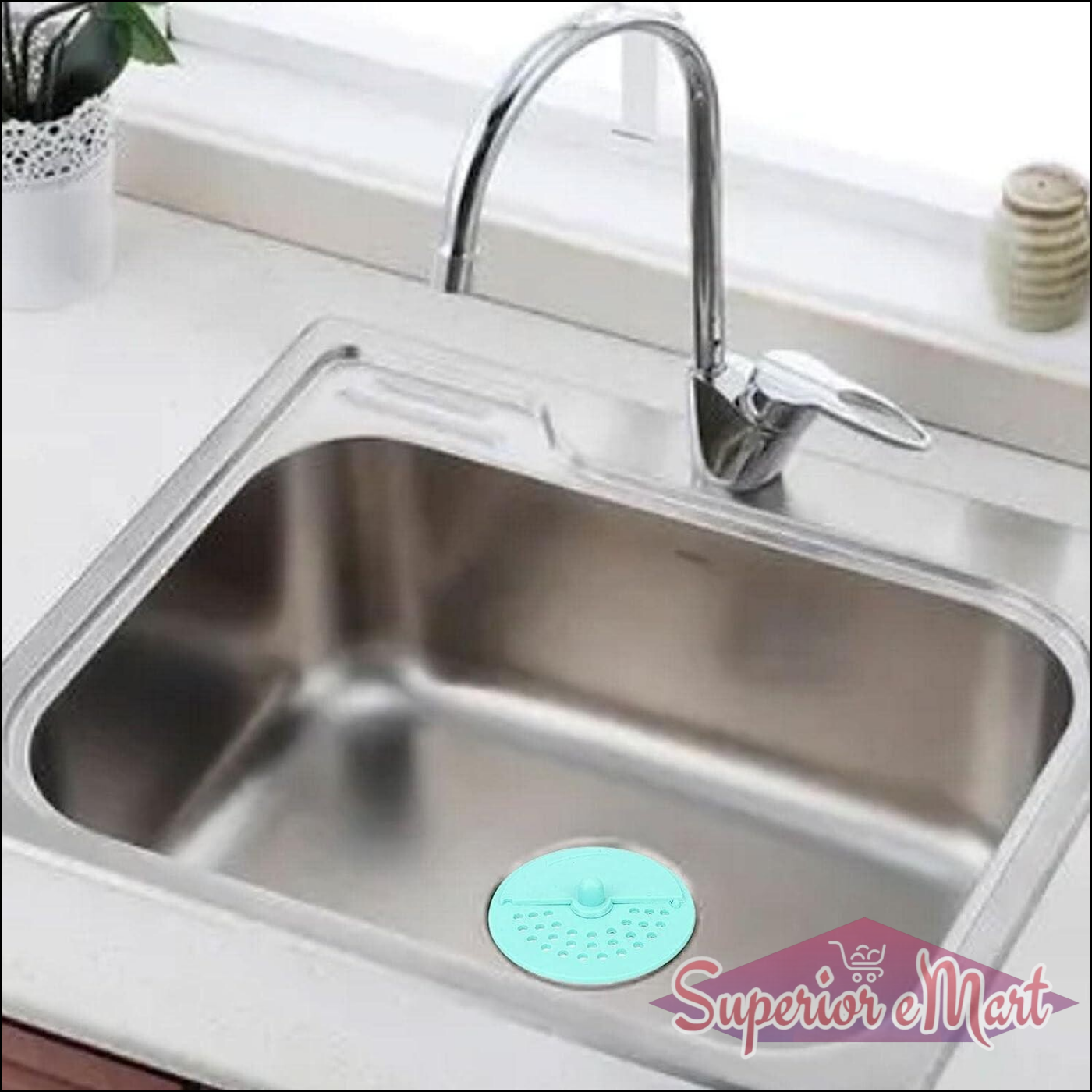 Superior eMart anti-odor drain cover for bathroom in a stainless steel sink with modern faucet