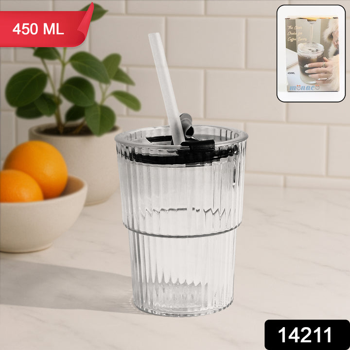 450 ml transparent cup with black lid and straw on kitchen countertop by Superior eMart