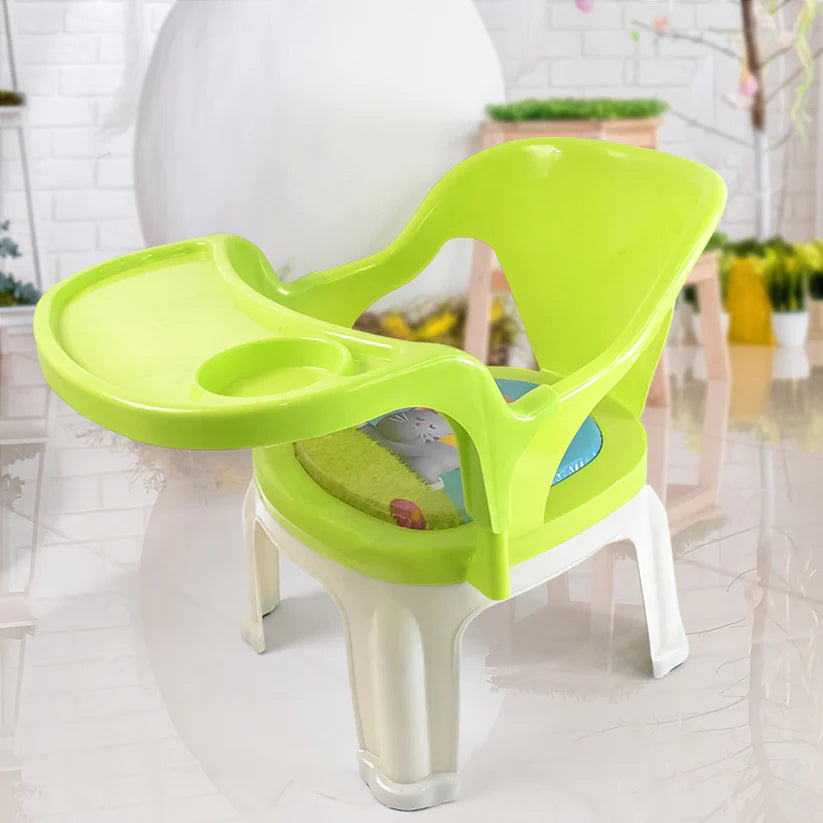 Durable baby chair with tray in green for safe feeding and playtime