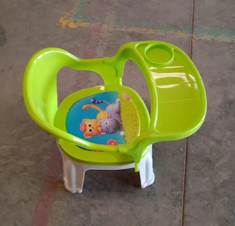Bright green durable baby chair with tray featuring cute animal designs for young children