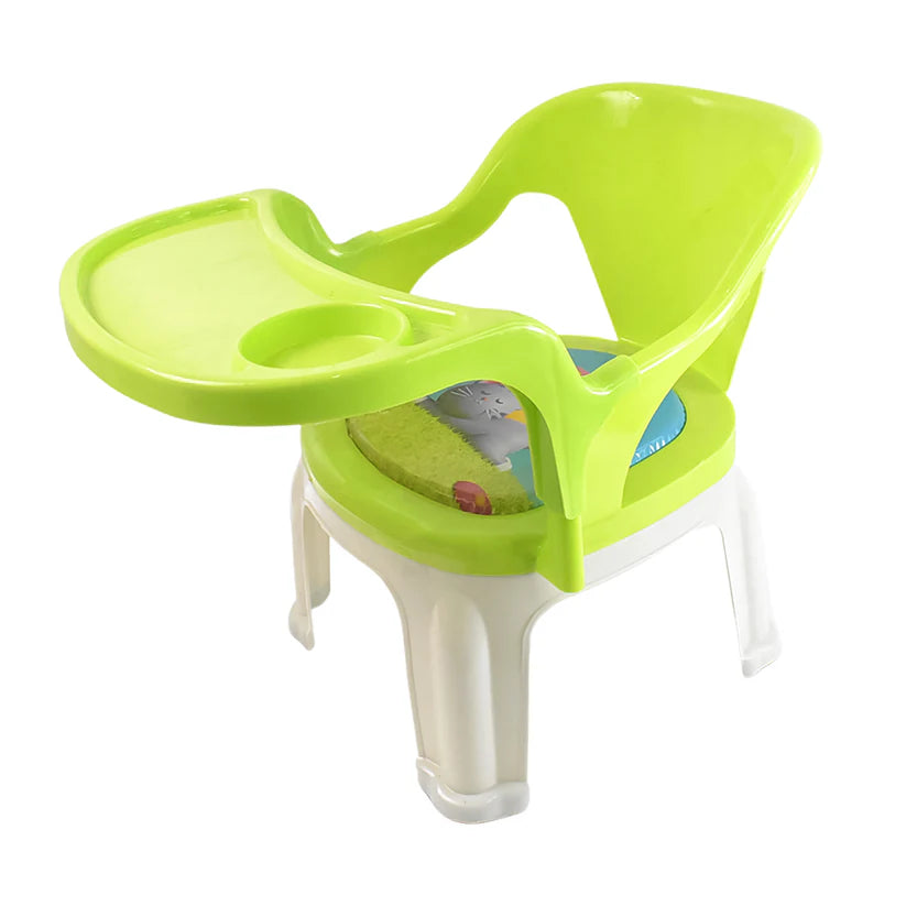 Durable baby chair with tray in bright green for easy feeding and playtime