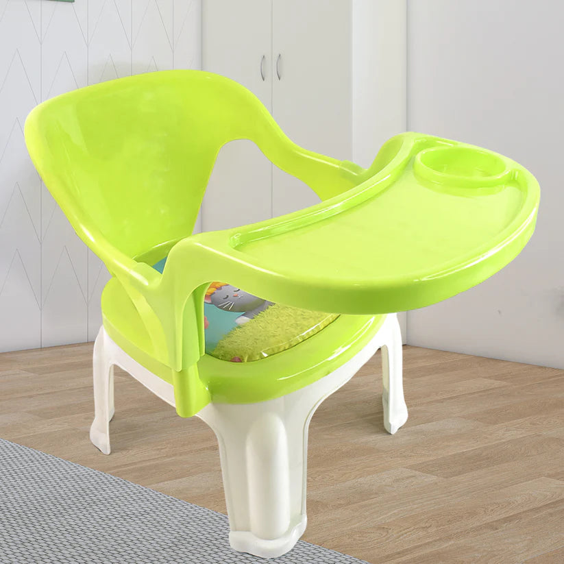 Durable baby chair with tray in bright green color, perfect for mealtime and playtime use