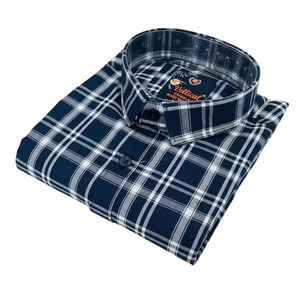 Folded blue and white plaid shirt with a brand label on a light gray background