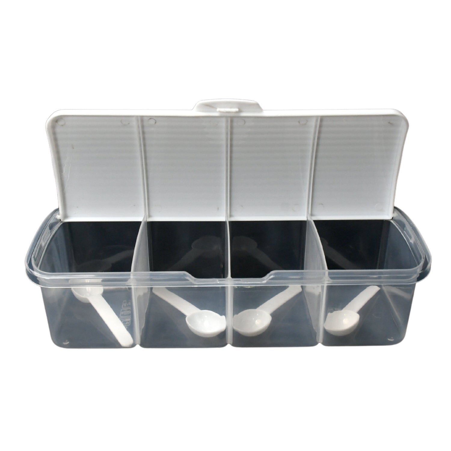 Kitchen multipurpose airtight 4-section storage containers, including a masala box, pickle (achar) jar, and four spoons for each section (1 set of mixed colors).