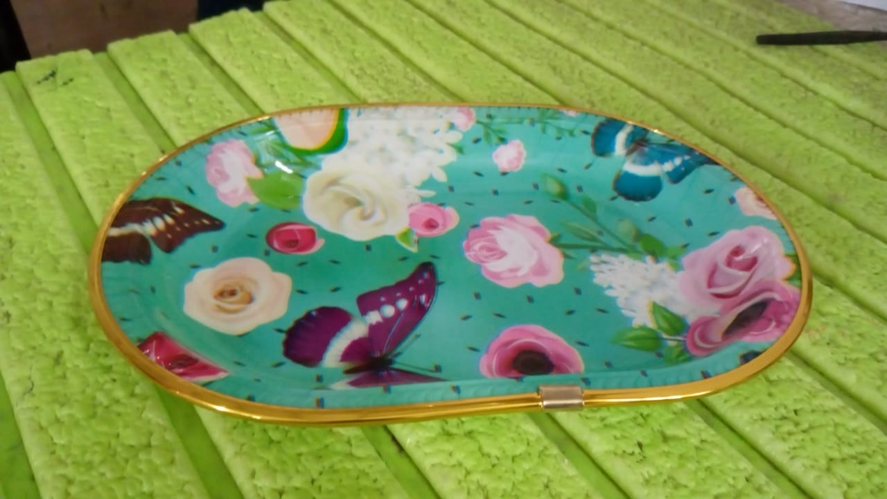 Small Plastic Flower Printed Design Serving Tray (1 Pc / 27 x 18 CM / Mix Color) - 10142_small_plastic_serving_tray_1pc