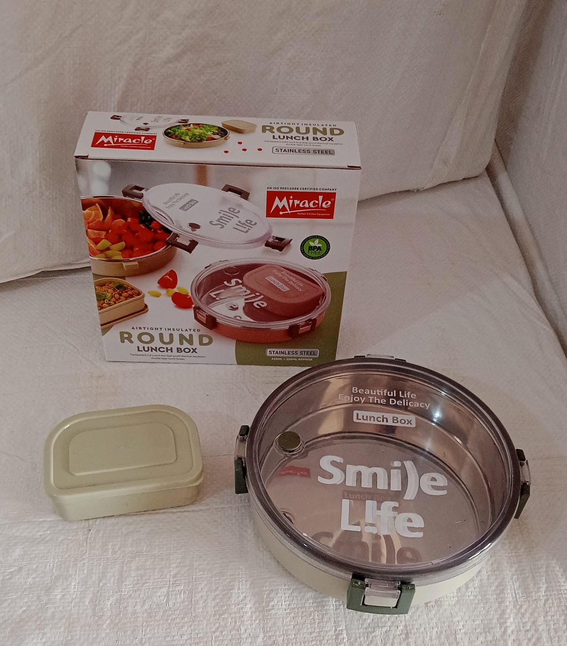 Miracle Stainless Steel Round Lunch Box, with Small Plastic Box Insert Leak Proo - 5584_ss_round_lunch_box_m141