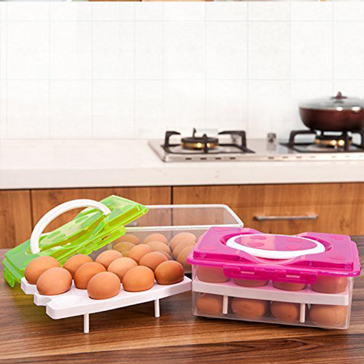 Clear egg tray with lid, featuring a handle and storing eggs securely in the kitchen