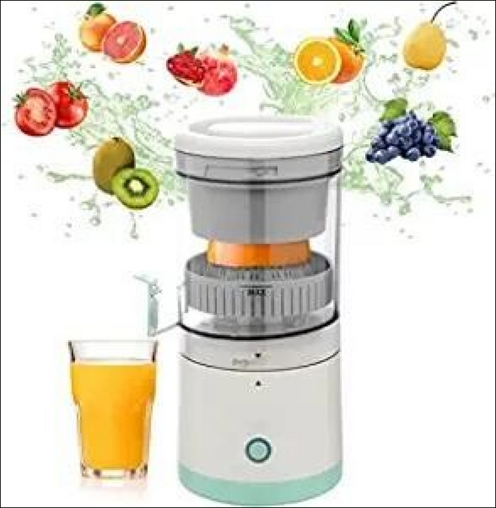 Portable white and teal electric citrus juicer with clear chamber and a glass of fresh orange juice.