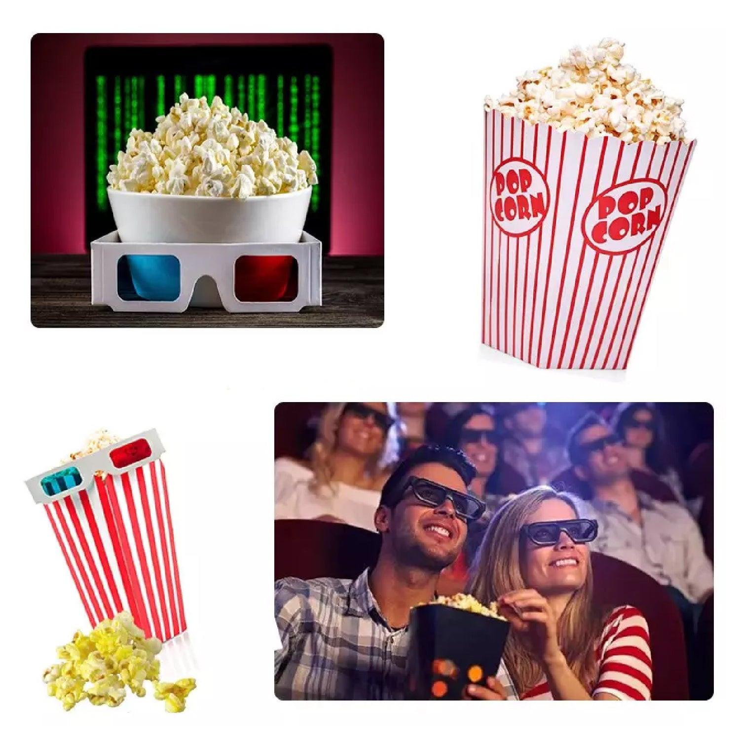 Electric popcorn maker machine with fresh popcorn and movie theater snacks in a fun setting