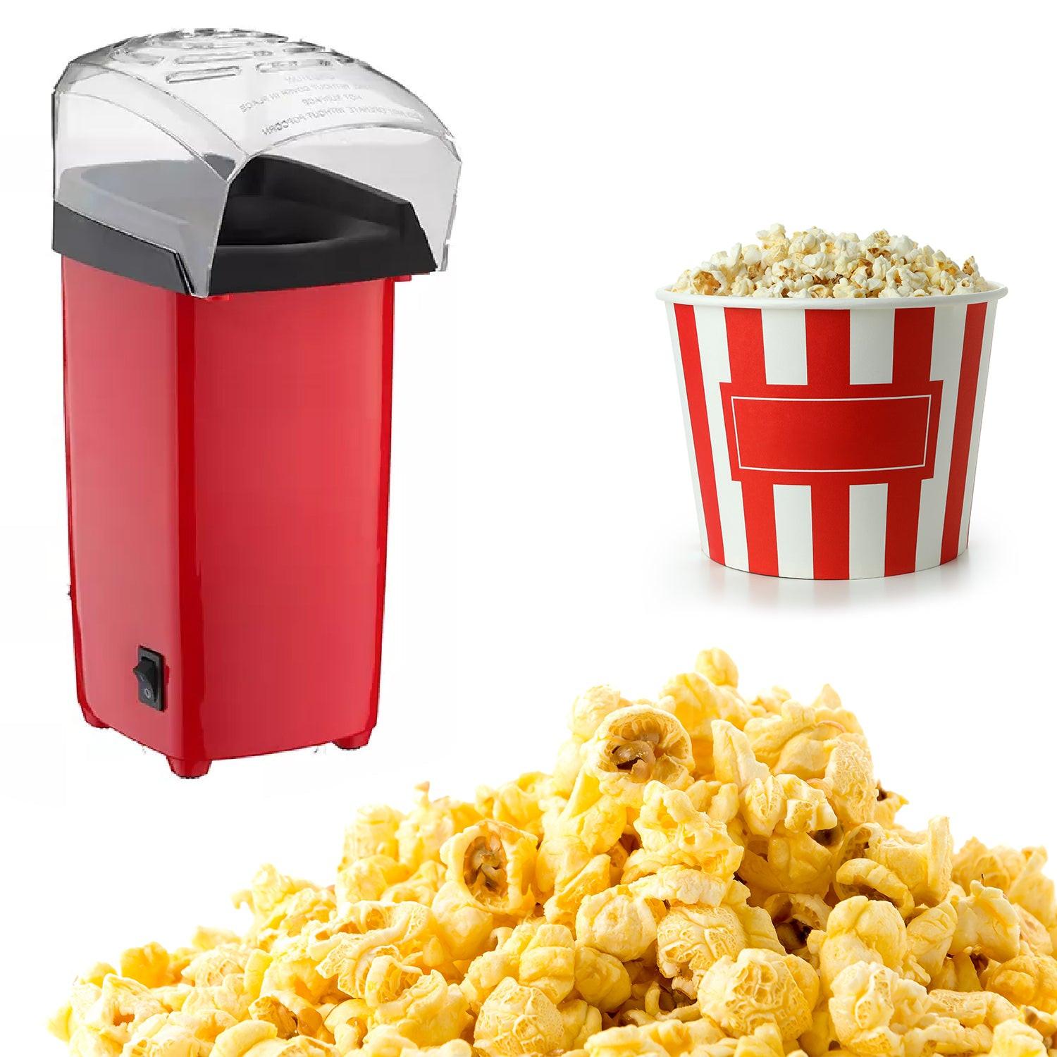 Superior eMart electric popcorn maker machine in red with freshly popped popcorn and a popcorn bucket