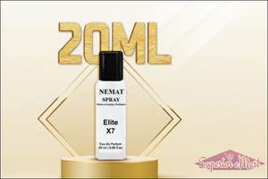 Nemat Elite X7 20ml Eau De Parfum in a white bottle with black cap, on a gold pedestal with gold accents.