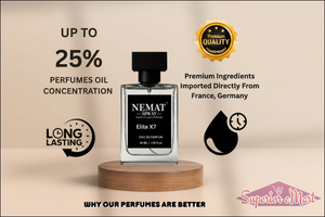 Nemat perfume bottle on a wooden platform with promotional text and graphics on a beige background