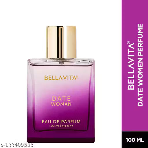 Bellavita Date Woman perfume bottle with gold cap on a white background