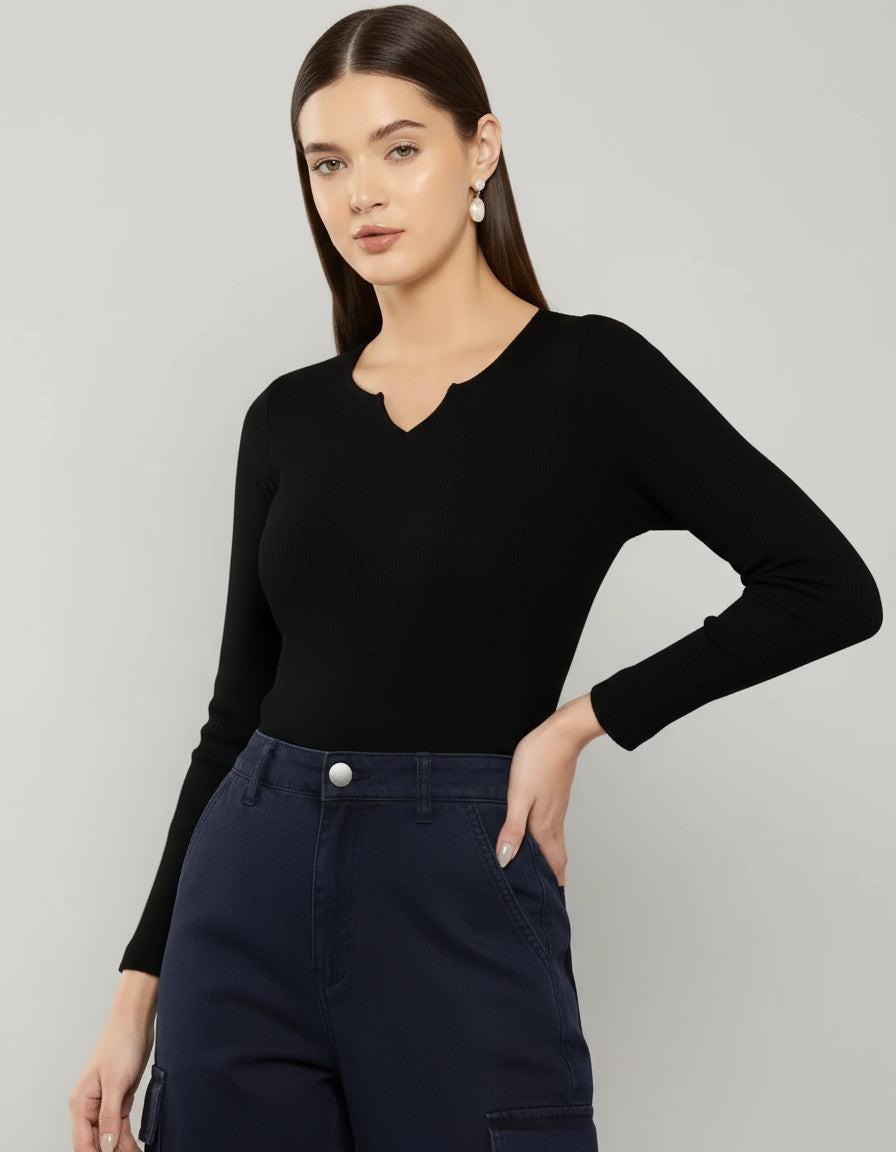 Casual Polyester Ribbed Blend Notch V-Neck Full Sleeves Stylish Latest Regular Solid Black Top (21"Inches).