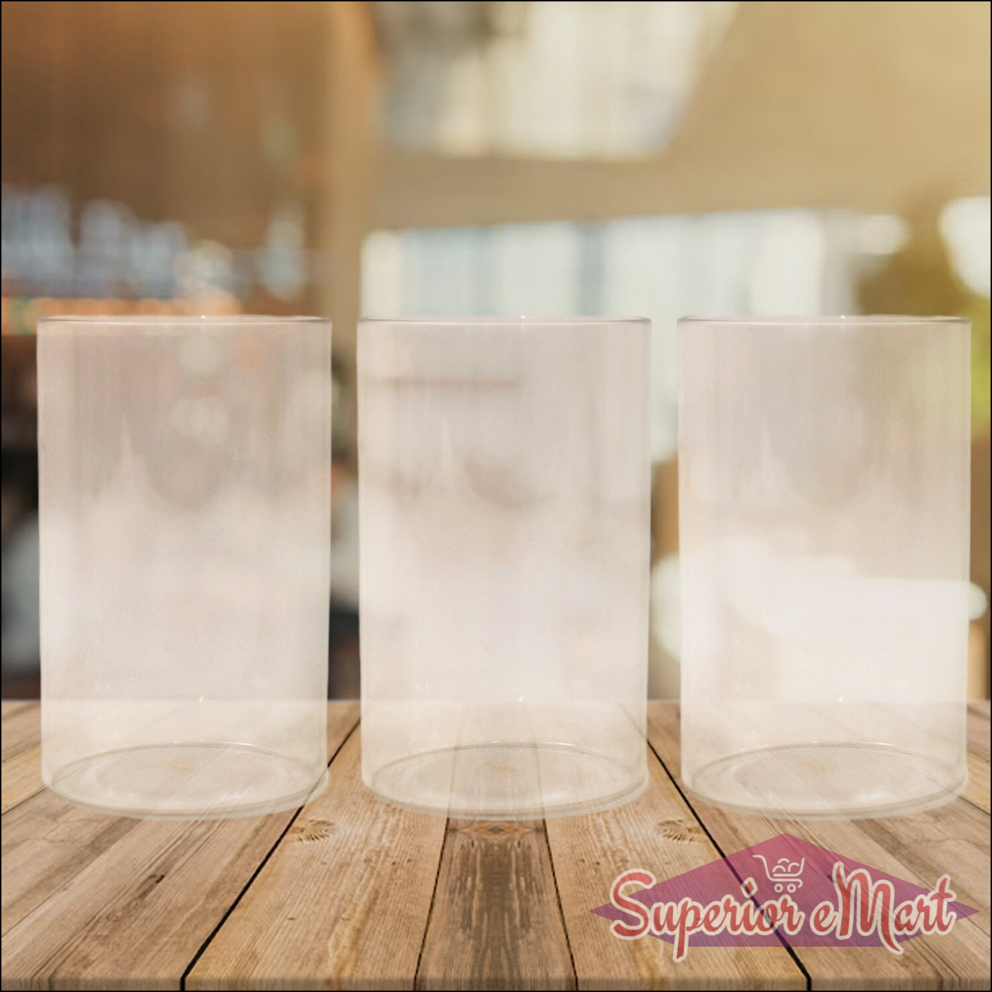 Set of three unbreakable glass set for everyday use on a wooden table in a bright setting