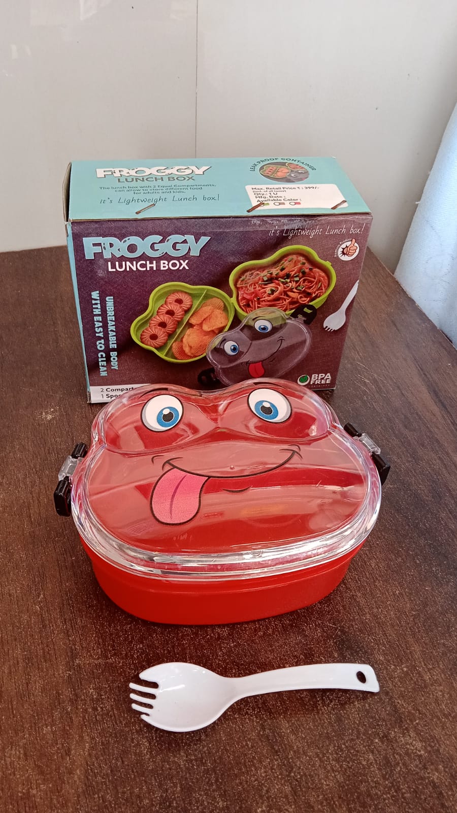 Double Layer Froggy Shape Lunch Box with Spoon (1 Pc / Mix Color) - 12073_double_layer_froggy_lunch_box