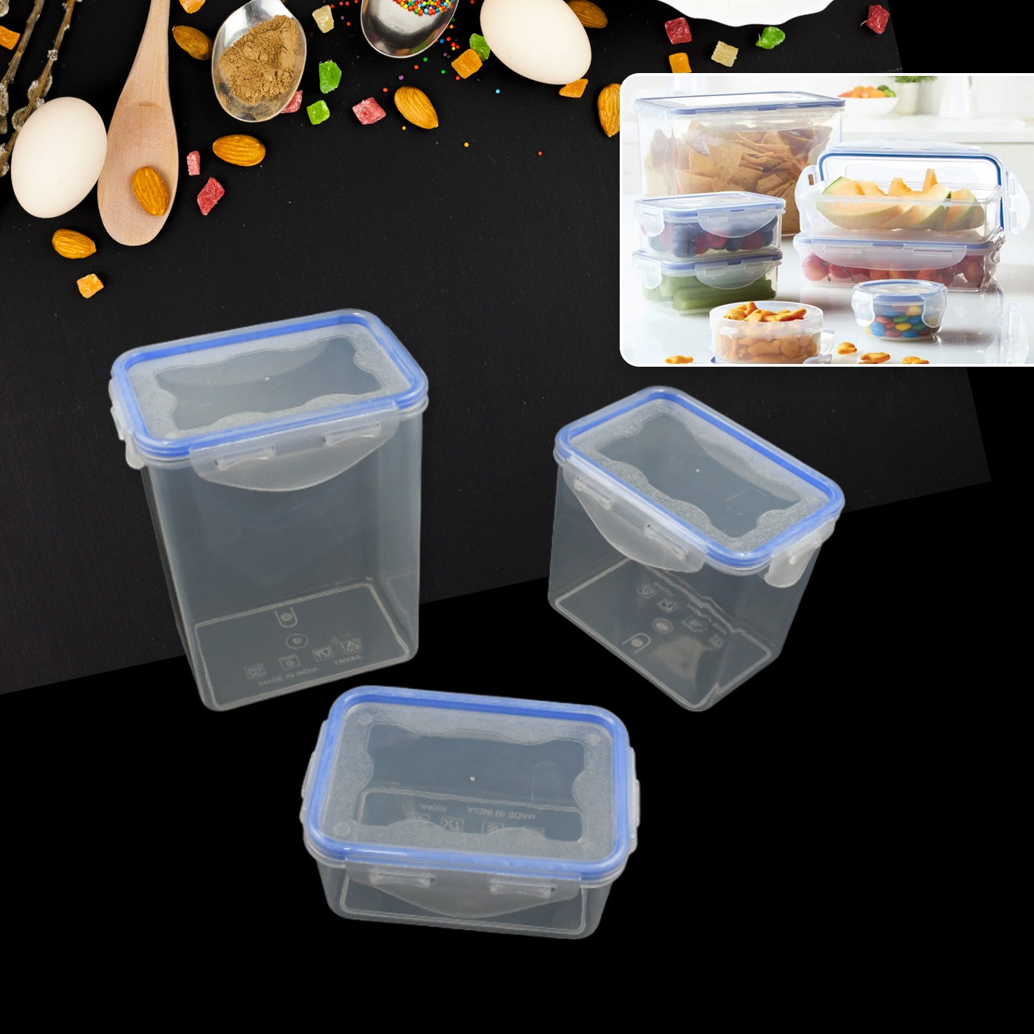 Storage Container Set With Air Seal Lock Lid For Storage Of Grocery, Spices, Dry Fruits (3 Piece Set)