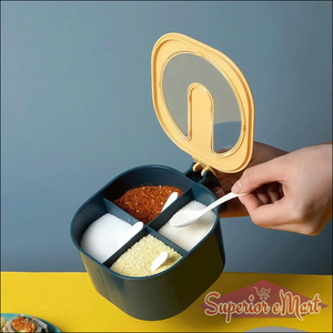 4 section masala box with transparent lid and scoops for organizing spices and condiments in the kitchen