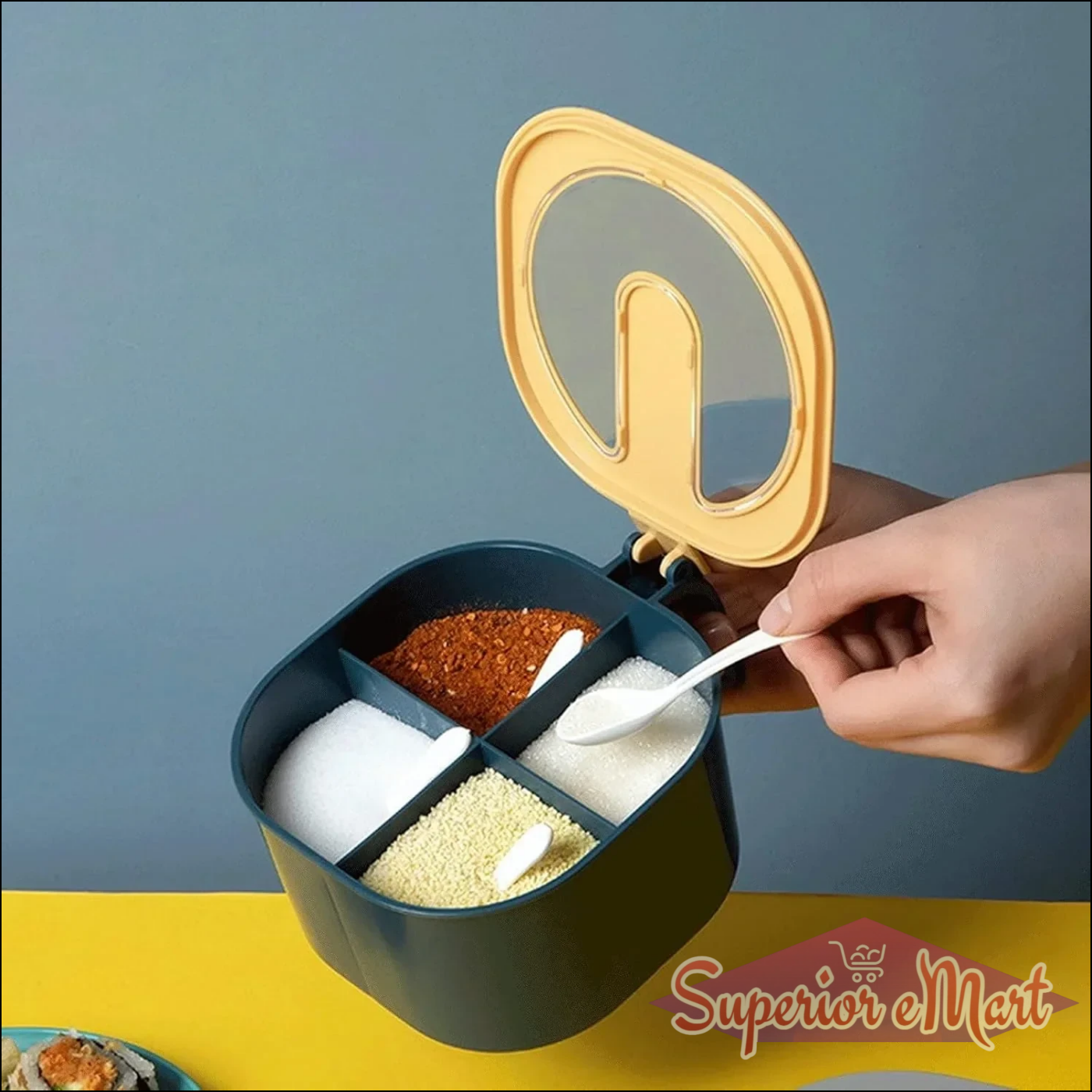 4 section masala box with transparent lid and scoops for organizing spices and condiments in the kitchen