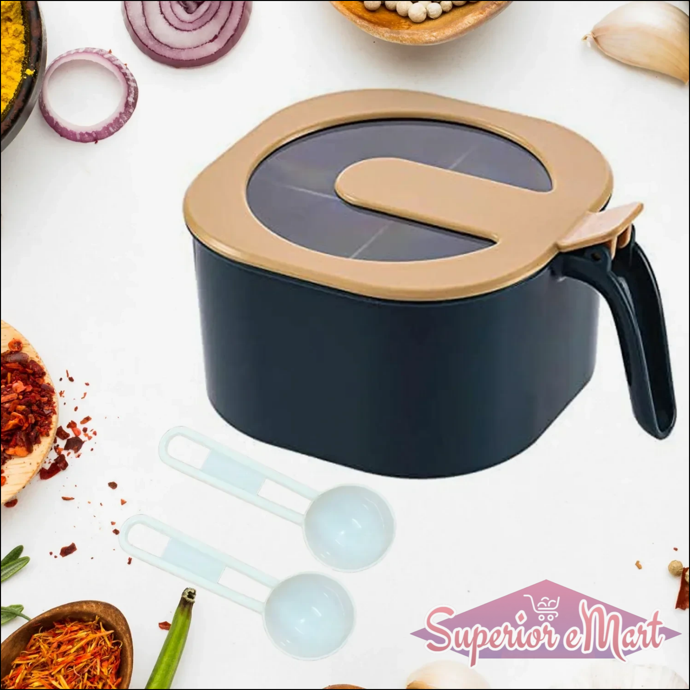Stylish 4 section masala box with a secure lid and measuring spoons for easy spice storage