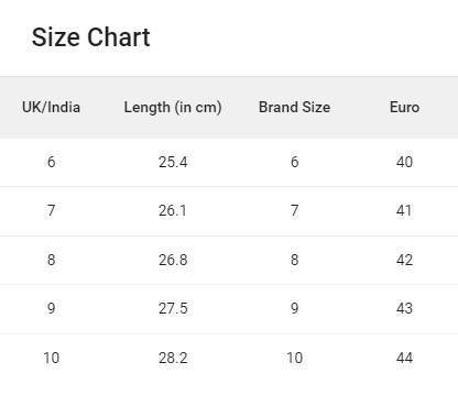 Fashionable Men's Slip-On White Footwear Showing Size Chart with UK and Euro Measurements