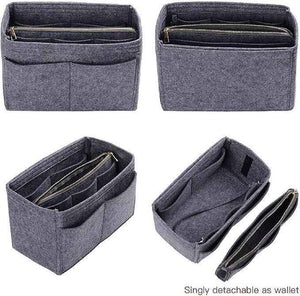 Gray felt purse organizer with multiple compartments and detachable wallet for easy storage