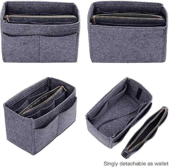 Gray felt purse organizer with multiple compartments and detachable wallet for easy storage