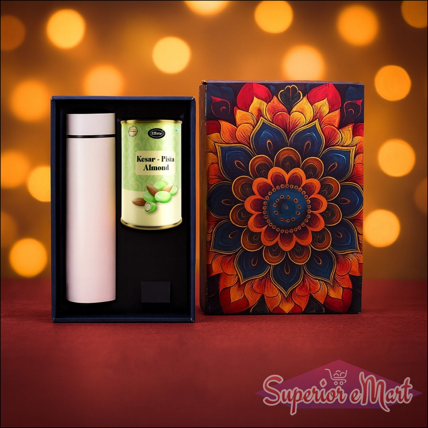 Festive gift hamper with stainless steel bottle and almond canister in decorative packaging