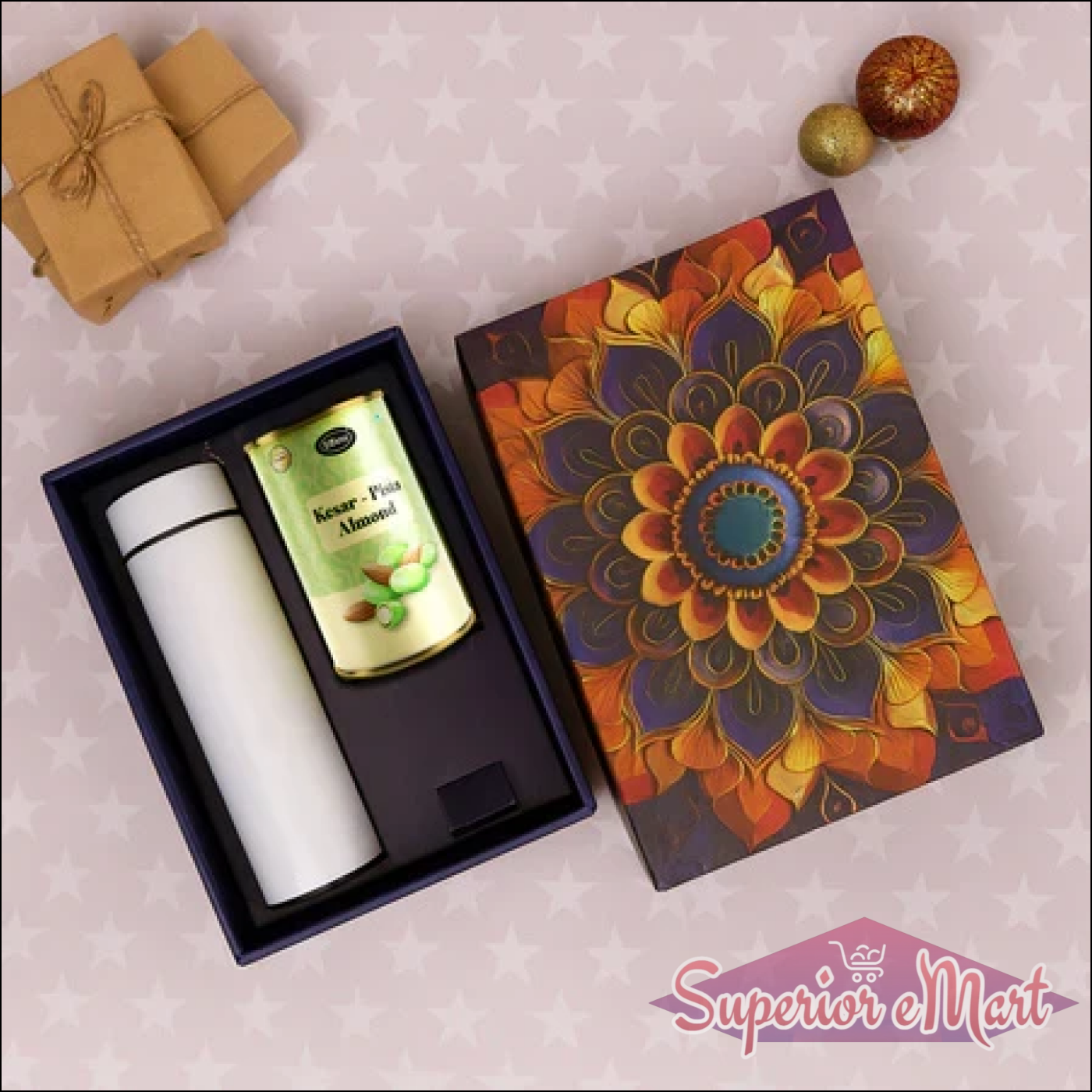 Festive gift hamper with stainless steel bottle and assorted almonds in decorative box