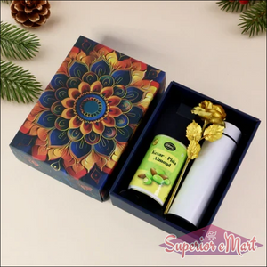 Festive gift hamper box with decorative design, filled with gourmet treats and elegant accessories
