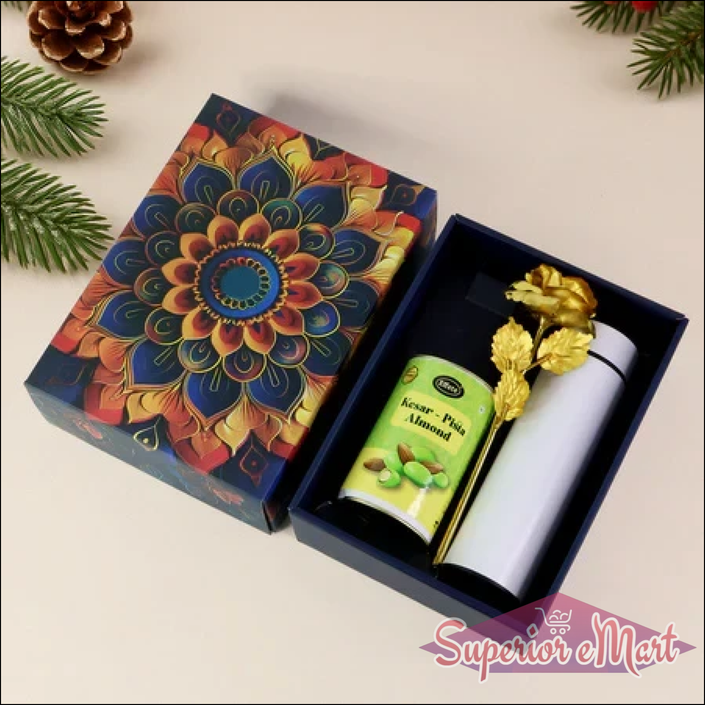 Festive gift hamper box with decorative design, filled with gourmet treats and elegant accessories