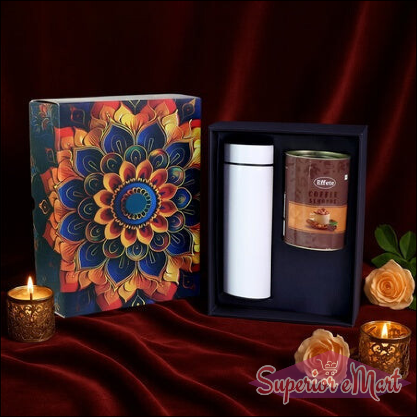 Festive gift hamper box featuring a colorful design with coffee and a stylish thermos inside