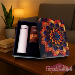 Festive gift hamper box with a colorful design, containing a coffee can and a insulated travel mug