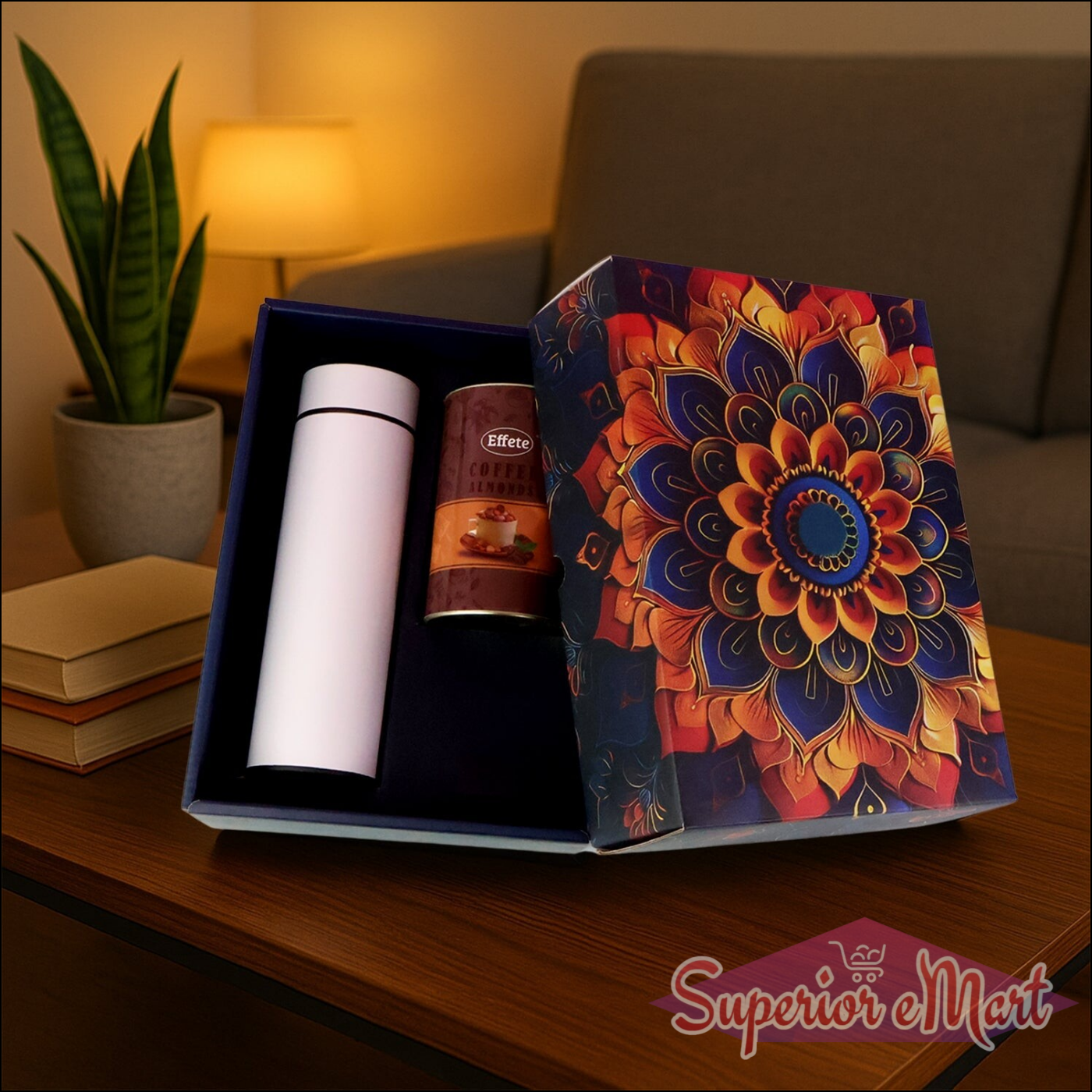 Festive gift hamper box with a colorful design, containing a coffee can and a insulated travel mug