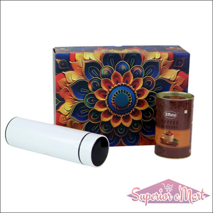 Festive gift hamper box featuring a decorative design with coffee canister inside