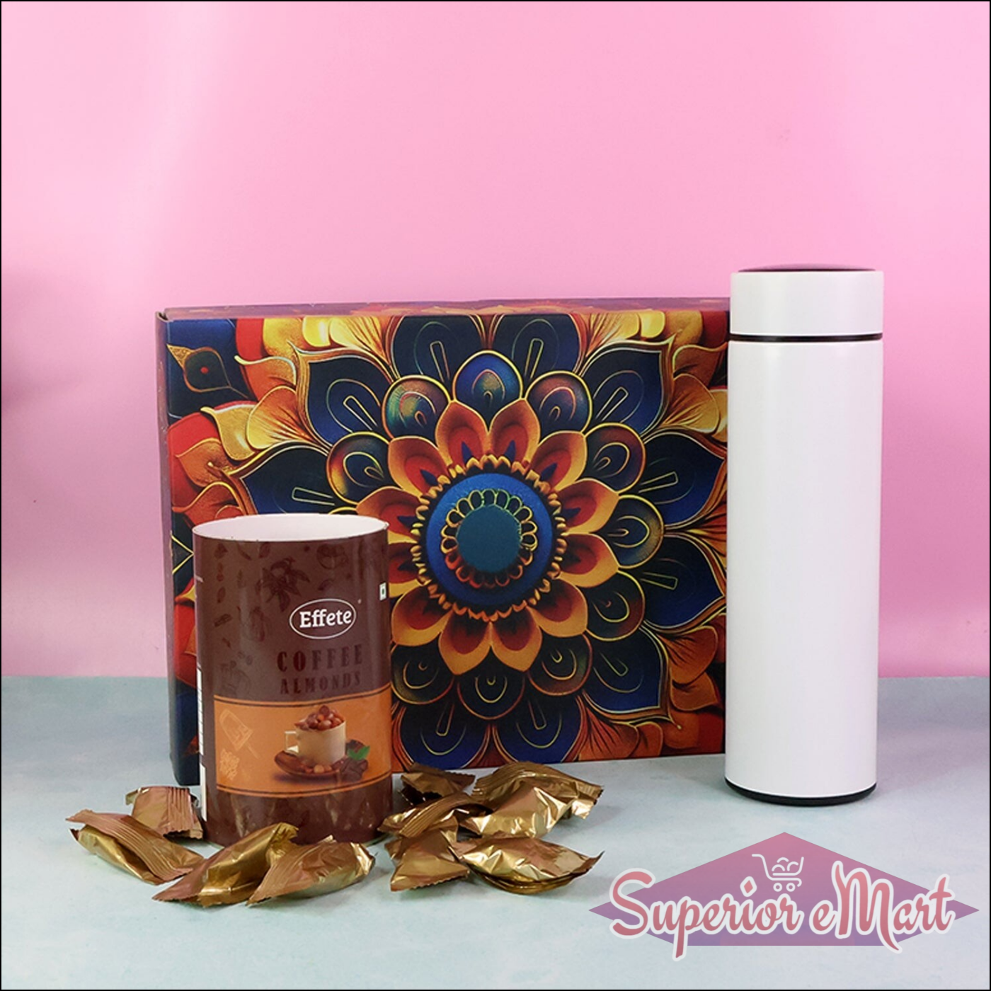 Festive gift hamper box with coffee and a stainless steel thermos for holiday celebrations