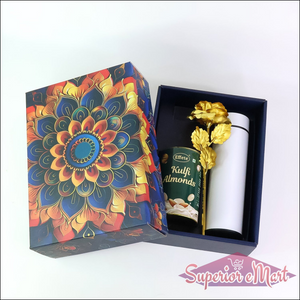 Festive gift hamper box featuring colorful design with Kulf almonds and decorative item inside