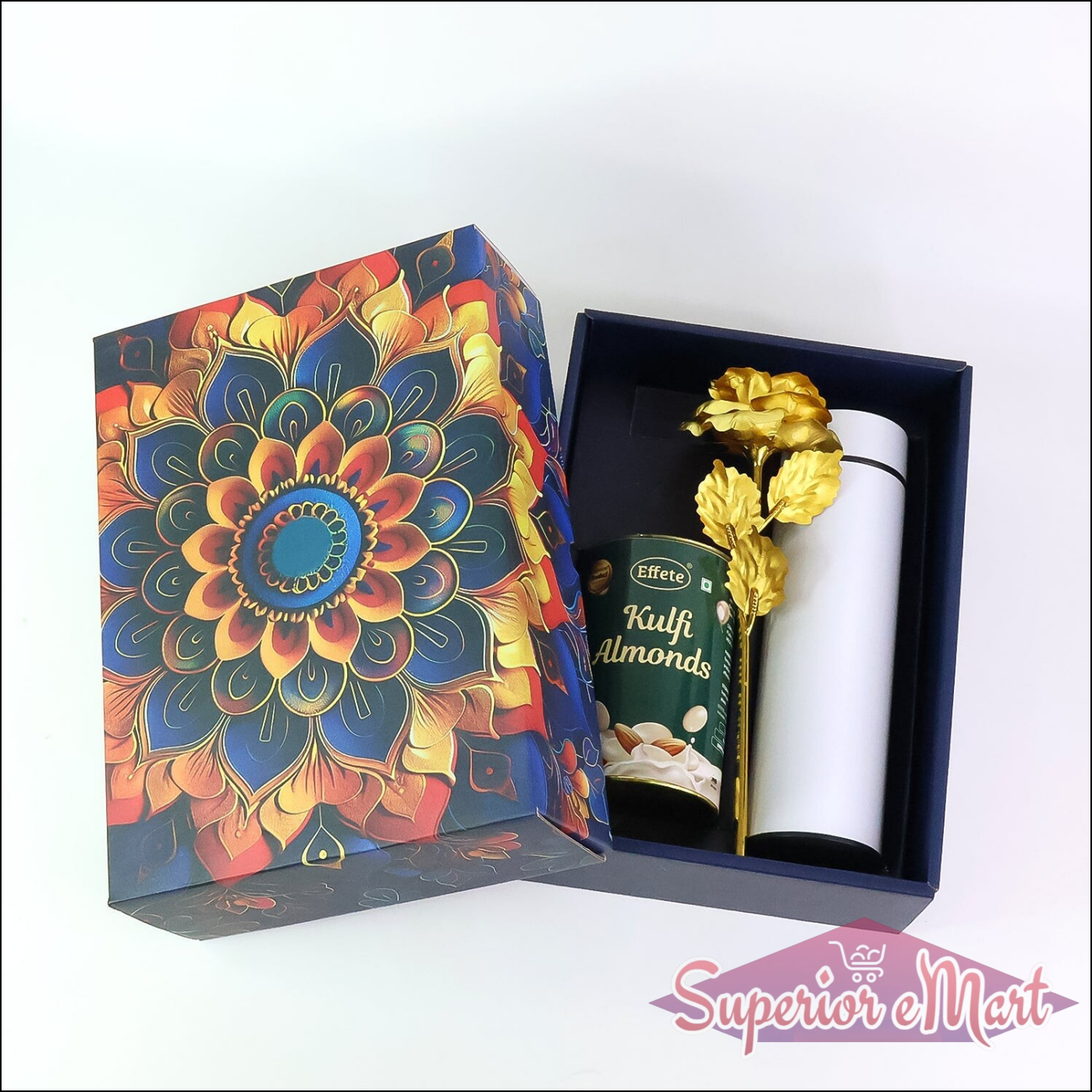 Festive gift hamper box featuring colorful design with Kulf almonds and decorative item inside