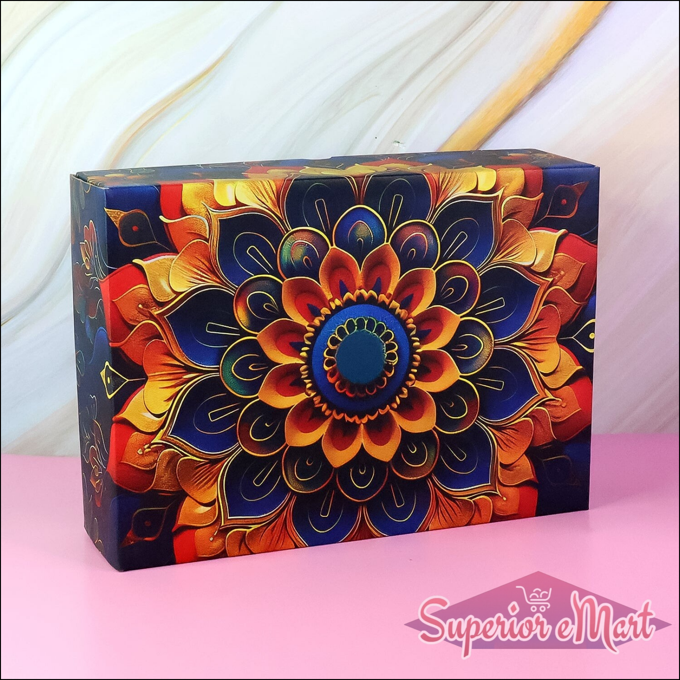 Festive gift hamper with stainless steel bottle featuring vibrant floral design and colorful packaging