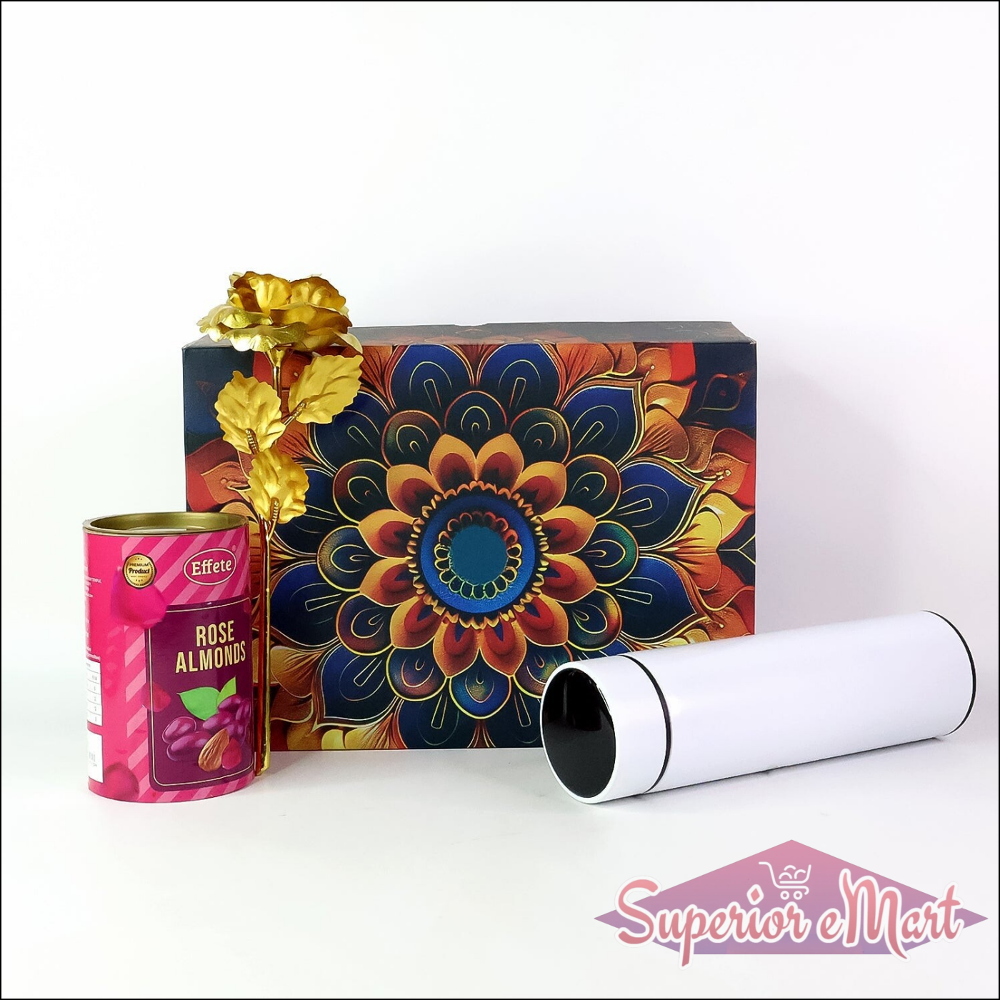 Festive gift hamper with stainless steel bottle and gourmet rose almonds for special occasions