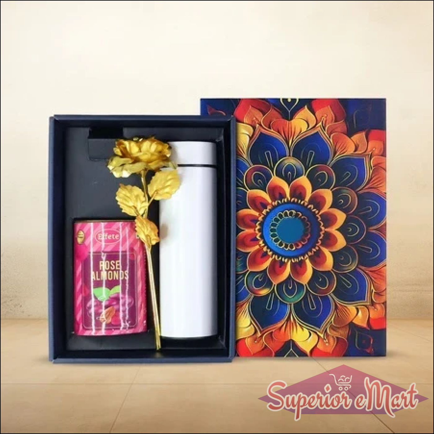Festive gift hamper with stainless steel bottle and rose almonds in decorative box