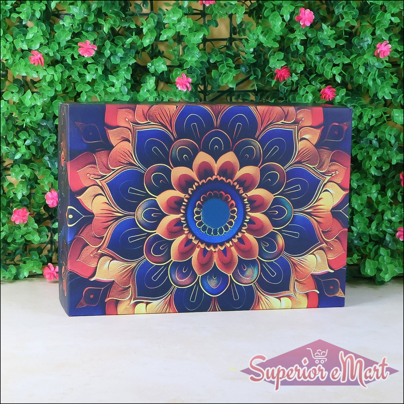 Festive gift hamper box with vibrant floral design, perfect for celebrations and special occasions