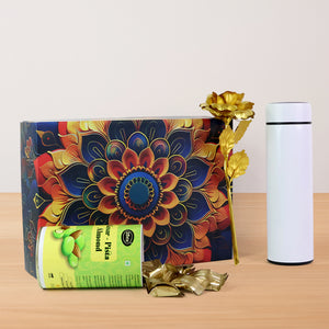 Festive gift hamper box featuring decorative design, gourmet snacks, and a stylish water bottle