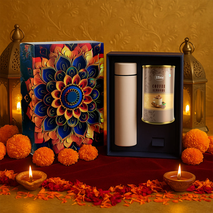 Festive gift hamper box featuring a stylish thermos and coffee almonds, perfect for celebrations