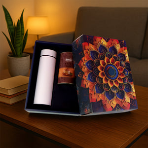 Festive gift hamper box with a colorful design, containing a coffee can and a insulated travel mug
