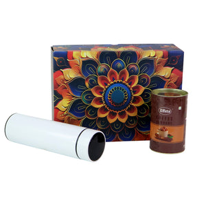 Festive gift hamper box featuring a decorative design with coffee canister inside